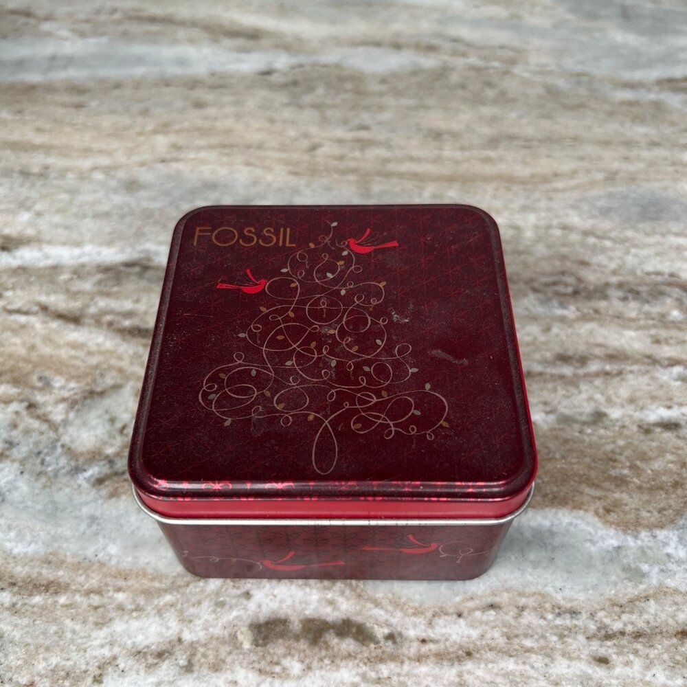 Fossil 2007 Holiday-Themed Red Metal Tin Box With Cardinal & Tree Design
